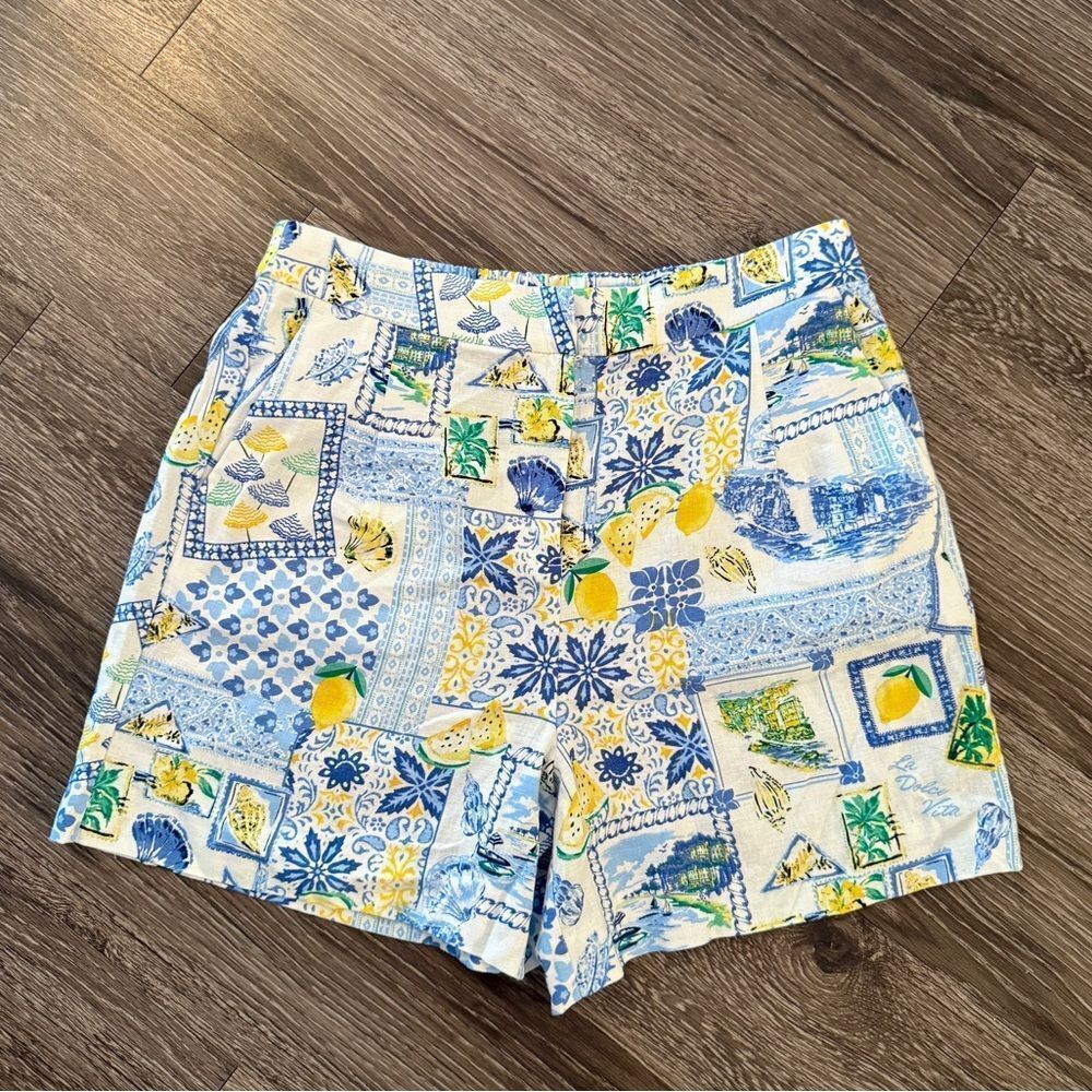 J. Crew Factory Linen Blend Blue and White Lemon Shorts New